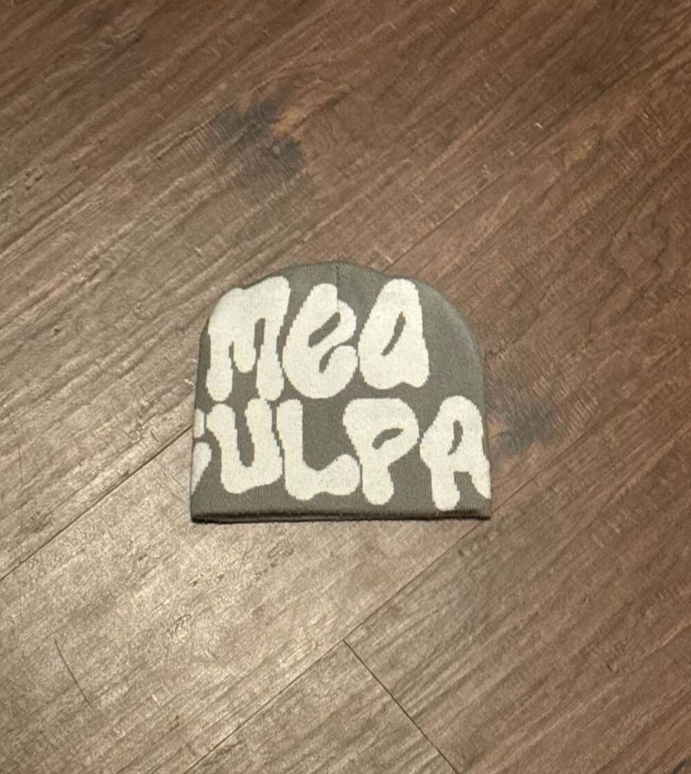 Mea Culpa Beanie Grey White Logo Knit Hat